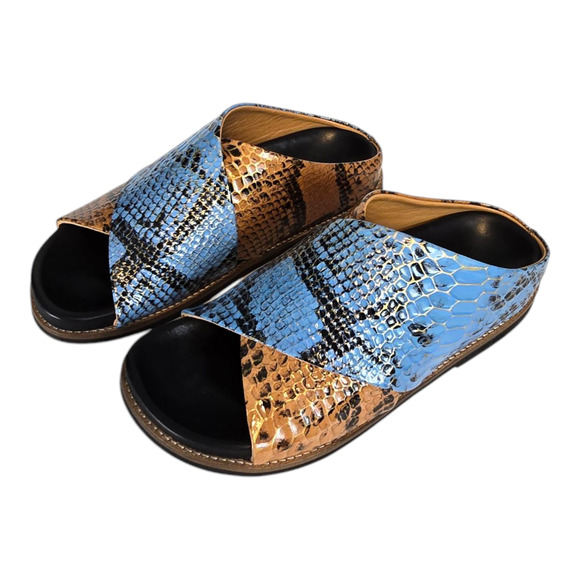 Ganni Snake Effect Crossover Sandals Multi Color Brown Blue Slide Size 37 US 7 - Picture 2 of 10